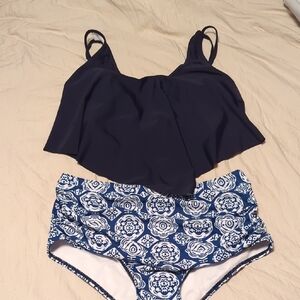 Navy Blue Tankini Top and Patterned Bottoms